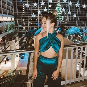 Fashion Nova Teal Satin Wide Leg Jumpsuit